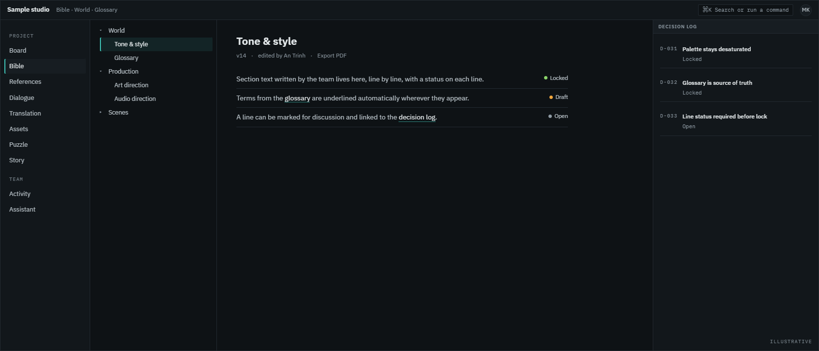 Bible: page tree, line status chips, decision log (illustrative)